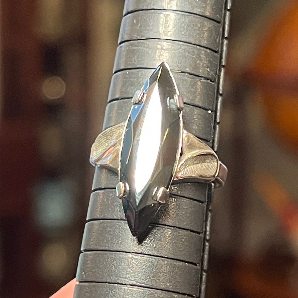Vintage Vargas Gothic Navette Marquise Faceted Hematite Sterling Silver Ring